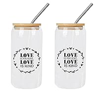 2 Pack Glasses with Lids And Straws Love Is Patient, Love Is Kind Glass Cup Can Beer Cups Gift for Mom Cups Great For for Tea Whiskey Water