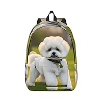 Bichon Frise Dog On The Grass Print Canvas Laptop Backpack Outdoor Casual Travel Bag Daypack Book Bag For Men Women