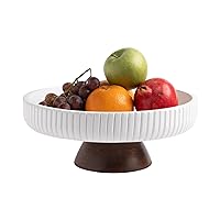 Mango Wood fruit bowl, Decorative white bowl with natural finish pedestal | 12