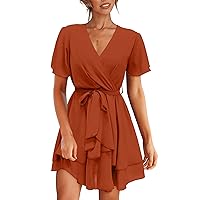 Amkoyam Women's 2024 Summer Short Sleeve V Neck Dresses Elegant Solid Tie Waist Swing Ruffle Faux Wrap Party Mini Dress
