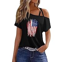 Red White and Blue Shirts for Women,Ciss Cross One Cold Shoulder Casual Print Summer Short Sleeve Tshirt Blouse
