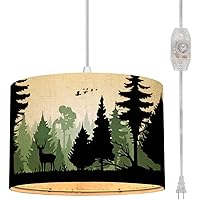 Plug in Pendant Light Forest trees silhouettes deer animal duck flock hunting sport nature Hanging Lamp with Plug in Cord 16.4 ft Fabric Shade Dimmable Hanging Light for Living Room Kitchen Bedroom