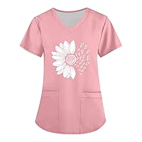 Scrubs Women V Neck Floral Printed Working T-Shirts Short Sleeve Scrubs Tops Easy Care Blouses with Pocket