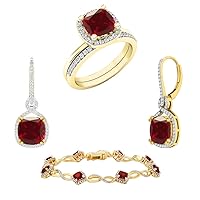 Dazzlingrock Collection Cushion Shape Lab Created Ruby and Natural Round White Diamond Halo Style Dangle Drop Earrings & Bracelet, Ring Set for Women