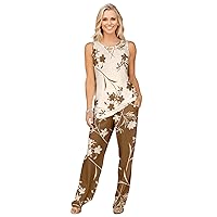 Women's 2 PC Sleeveless Top and Pocket Pants SET Floral Cream and Brown