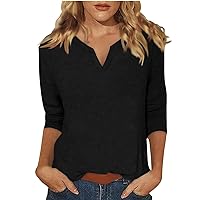 Plus Size 3/4 Sleeve Tops for Women,Three Quarter Sleeve Tops Woman V Neck Solid Color Tunic Tshirts 2024 Fashion Loose Fit Tee Blouse Blouses for Women Dressy Casual
