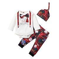 Baby My 1st Christmas Romper Plaid Xmas Pants Hat 3 Piece Clothes Set for Baby Boys Girls First Christmas