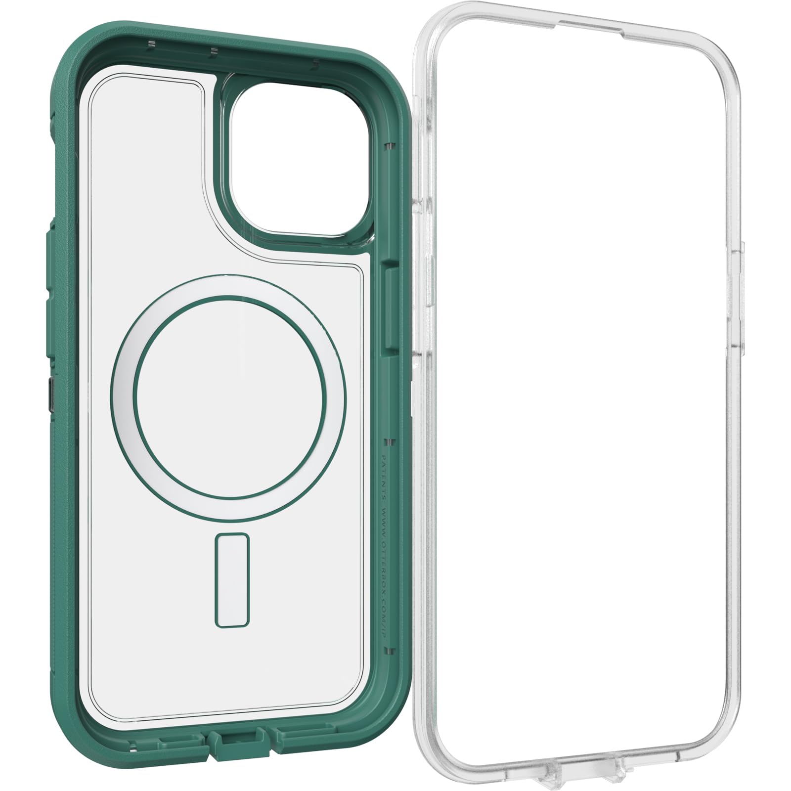 OtterBox iPhone 15, iPhone 14, and iPhone 13 Defender Series XT Clear Case - VELVET EVERGREEN (Clear), screenless, rugged , snaps to MagSafe, lanyard attachment