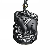 Natural crystal black obsidian elephant necklace Amulet pendant bead with adjustable chain for men women