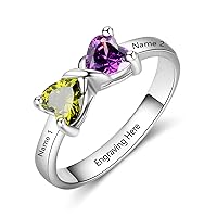 Real Gold Personalized Birthstone Ring for Women 1/2/3/4/5/6 Heart Stones Name Engraved Ring for Mother Wife Daughter Family