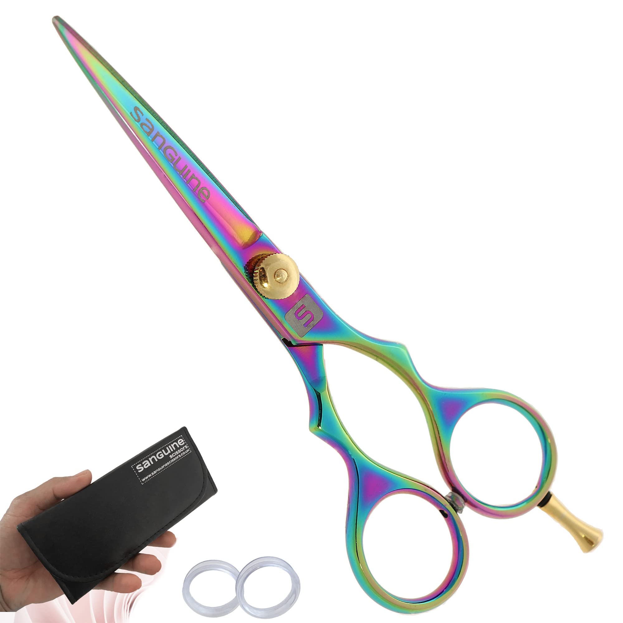 Hair Scissors for all Hair Types, 5.5 inch, Presentation Case & Tip Protector. Suitable for Hairdressers, Barbers, Professionals, Personal Use and for Beard or Moustache Trimming. Titanium