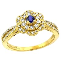 14K Yellow Gold Genuine Diamond & Color Gem Flower Halo Engagement Ring Round Brilliant cut 3mm, size 5-10