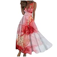 Swing Dress Ladies V Neck 2024 Sleeveless Summer Maxi Dress Womens Boho Waist Retraction Printed Trendy Long Dress