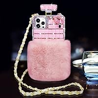 LUVI Compatible with iPhone 13 Pro Max Perfume Bottle Case Women Girls Cute Plush Fuzzy Furry 3D Bling Diamond Glitter Crystal Rhinestone Design with Crossbody Neck Strap Lanyard Phone Case Pink
