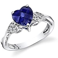 PEORA 14K White Gold 2.50 Carats Created Blue Sapphire with Genuine Diamond Sweetheart Solitaire Ring for Women, AAA Grade Heart Shape 8mm, Comfort Fit