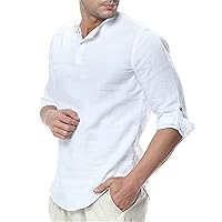 Button Down Roll Up Sleeve V Neck Linen Shirts for Men Summer Casual Cotton Spread Collar Hippie Beach Shirts Tops