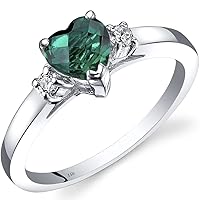 PEORA Created Emerald and Genuine Diamond Heart Ring for Women 14K White Gold, Dainty Solitaire Design, 0.75 Carat, Size 7