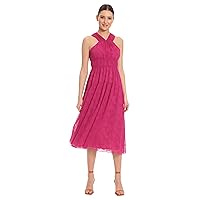 Maggy London Women's Clip Dot Sleeveless Midi Dress with Ruched Halter Neck