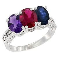 Silver City Jewelry 10K White Gold Natural Amethyst, Enhanced Ruby & Natural Blue Sapphire Ring 3-Stone Oval 7x5 mm Diamond Accent, Sizes 5-10