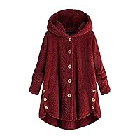 Women Plus Size Button Plush Tops Long Sleeve Solid Hooded Loose Cardigan Wool Coat Winter Thick Warm Jacket