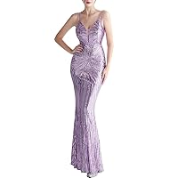 Women's Spaghetti V-Neck Sequins Sleeveless Mermaid Evening Dress
