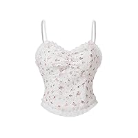 Milumia Women's Ditsy Floral Lace Frill Trim Cami Tank Top Ruched Curved Hem Cute Camisole Tops