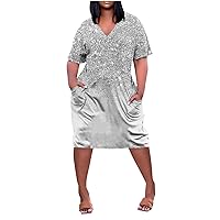 Short Sleeve Dresses for Women, v-Neck midi Dress Fantasy Gradient Beach Dress Loose Dresses with Pockets Plus Size
