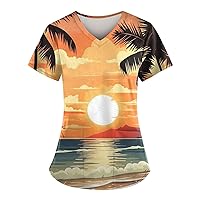 Women's Funny Print Scrubs Top Oversized V Neck Summer Short Sleeve Work Casual Hawaii Printed Beach Pocket Tshirt