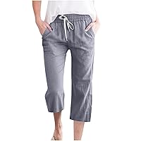 Summer Cotton Linen Capri Pants Women Casual Beach Pants Drawstring Elastic High Waist Daily Straight Leg Trousers