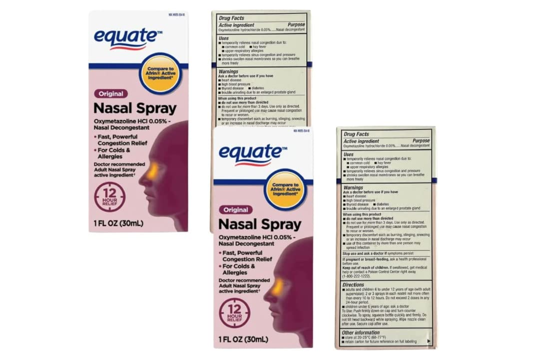 AWY Equate - Nasal Spray Original (Compare to Afrin), 1 Oz (Pack of 4) Includes Exclusive Guide