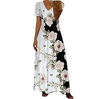 Maxi Long Dress for Women Summer, Women's Casual Loose Elegant Lace Short Sleeve V Neck Dress Floral Beach Dresses Beach Wear for Women 2024 Vestido Invitada Boda White