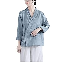 Women's Wrap V Neck Cotton Linen Blouse Summer Vintage Chinese Frog Button Tunic Shirts Casual Loose Long Sleeve Top