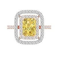 2.63ct Emerald Cut Double Halo Solitaire with Accent Canary Yellow Simulated Diamond designer Modern Ring 14k 2 tone Gold