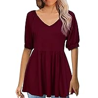Womens Tops Spring Casual Womens Short Sleeve Tunic Tops Summer Casual V Neck Flowy Blouse Shirt Women's Tee S