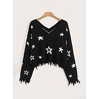 Plus Size Women for Sweater - Plus Star Pattern Drop Shoulder Distressed Sweater (Color : Black, Size : XX-Large)