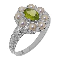 Solid 9k White Gold Natural Peridot, Cultured Pearl Womens Cluster Ring - Sizes 4 to 12 Available