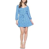B Darlin Womens Blue Belted Zippered Lined Floral 3/4 Sleeve Sweetheart Neckline Short Fit + Flare Dress Juniors 15