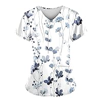 Scrubs Tops with Designs V-Neck Short Sleeve Workwear with Pockets Printed Scrubs Top for Women, S-5XL