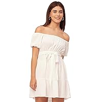 Off Shoulder Solid Rayon Gathered Dress - Women's Trendy Casual Dress