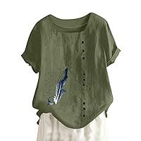 Linen Tops for Women Round Neck Vintage Cotton and Hemp Solid Button Short Sleeve T-Shirt Top