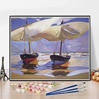 DIY Oil Painting Kit,Beached Boats Painting by Joaquin Sorolla Arts Craft for Home Wall Decor