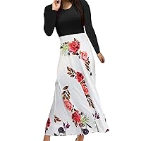 Formal Floral Dress for Women Spring Dresses for Women 2024 Bohemian Print Patchwork Fashion Slim Fit with Long Sleeve Round Neck Flowy Dress White 3X-Large
