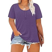 Women's Plus Size Shirt Short Sleeve Button Round Neck Top Basic Ladies Loose Fit T Shirt