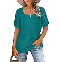 WIHOLL Womens Tops Square Neck Puff Short Sleeve Loose Fit Summer Shirts