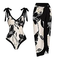 Women's Summer One Piece Swimsuit Sexy Deep V Lace up High Cut Bathing Suit with Vintage Floral Beach Cover Ups Sarong