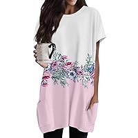 COTECRAM Summer Tops for Women 2024 Casual Short Sleeve Graphic Shirts Loose Fit Cute Long Tunics Tops with Pockets
