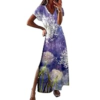 Spring Dresses for Women 2024 Petite A Line,Women Simple Casual Short Sleeve V Neck Long Dress Dandelion Gradie