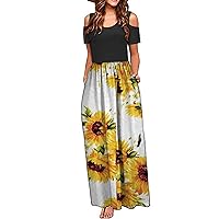 Women's Bohemian Round Neck Trendy Swing Print Dress Casual Summer Short Sleeve Long Floor Maxi Flowy Beach