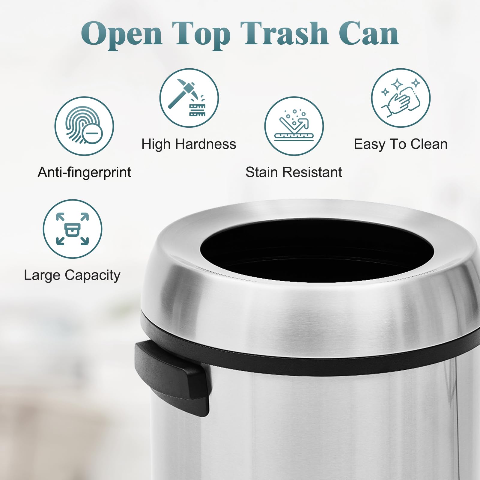 GlowSol 17 Gallon Large Capacity Kitchen Trash Can, Commercial Open Trash Can, Heavy Duty Brushed Stainless Steel Garbage Can, 65 Liter, Suitable for Kitchen Outdoor Office