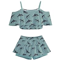 PattyCandy Girls Funny Big Head Shark Ocean Pattern Tankini Swimsuit Bathing Suit for Little Girls Size 2-16